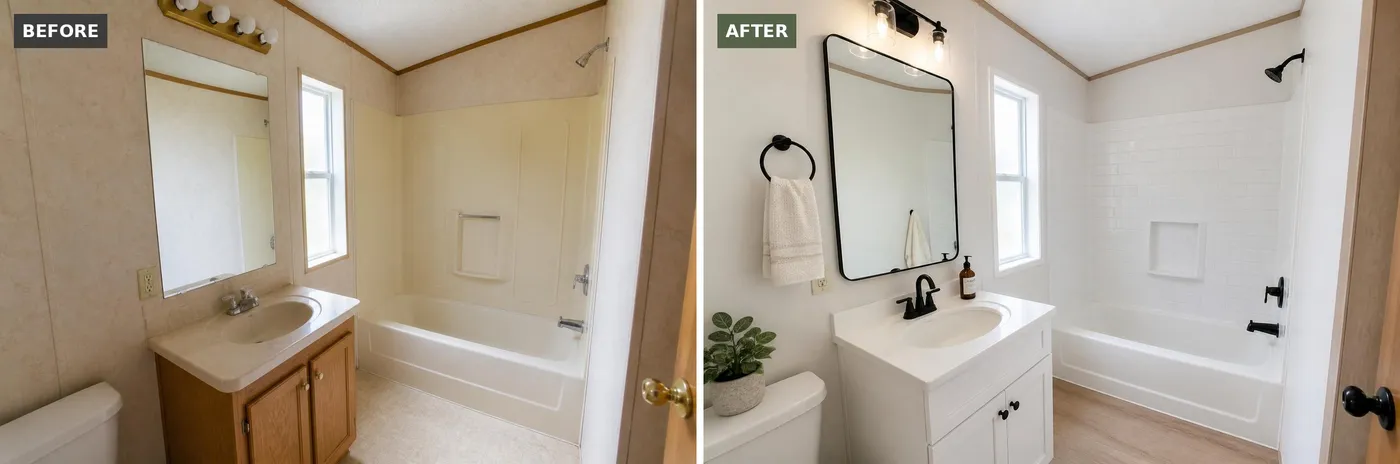 Mobile home bathroom before and after: white subway surround, white shaker vanity and matte black fixtures