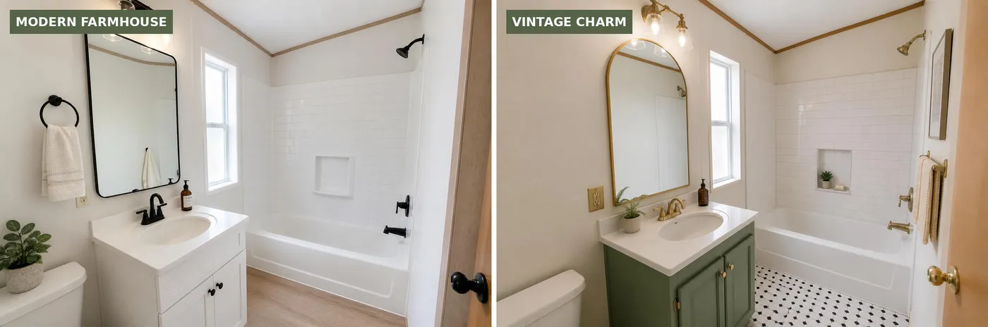 The same mobile home bathroom in two styles: modern farmhouse and vintage charm
