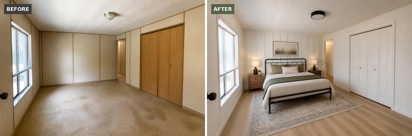 Mobile home bedroom before and after: board-and-batten accent wall, white closet doors and oak plank floors