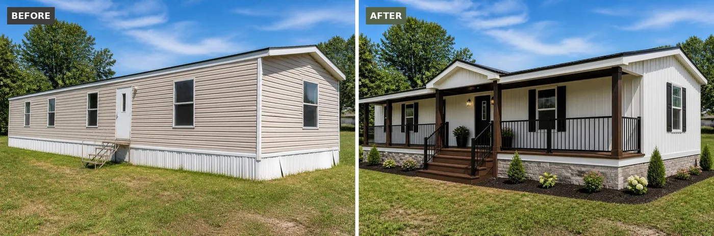 Single-wide mobile home before and after: white board-and-batten siding, stone skirting and a full-length covered porch