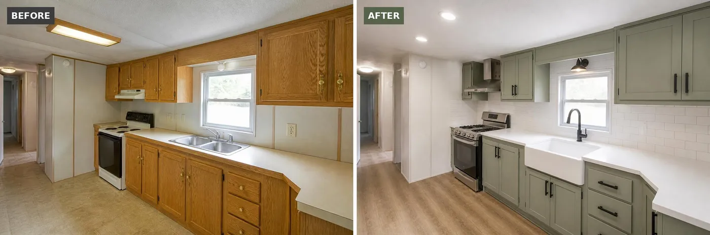 Mobile home kitchen before and after: dated oak cabinets turned into a sage green farmhouse kitchen with an apron sink