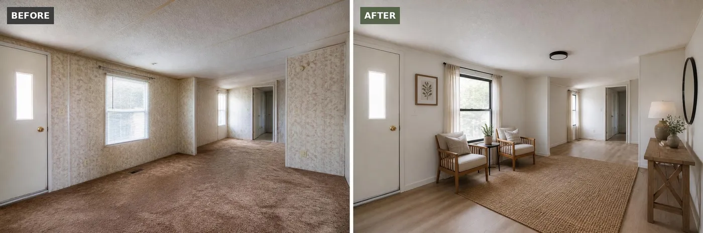 Mobile home living room before and after: floral wall panels and carpet replaced with warm white walls and oak plank floors