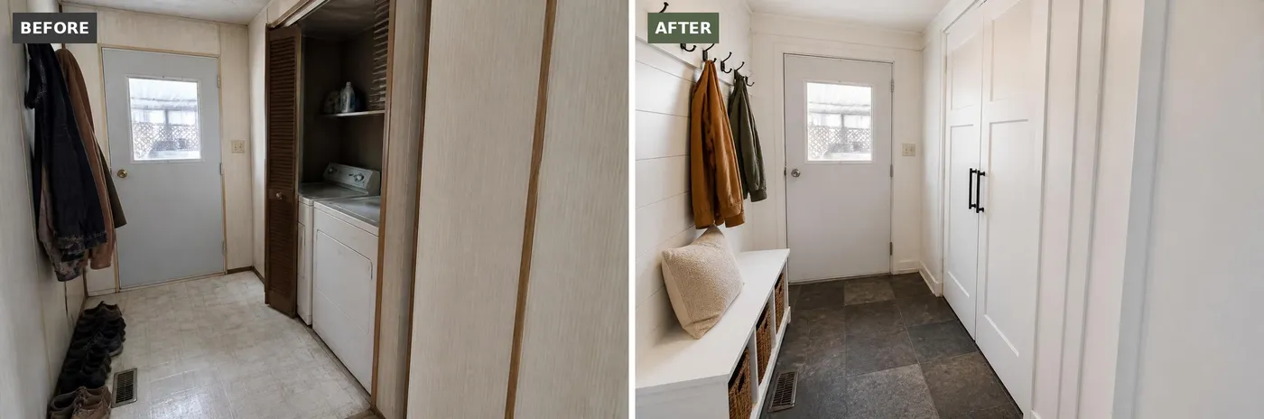 Mobile home back entry before and after: shiplap wall, bench with cubbies, hooks and a slate-look floor