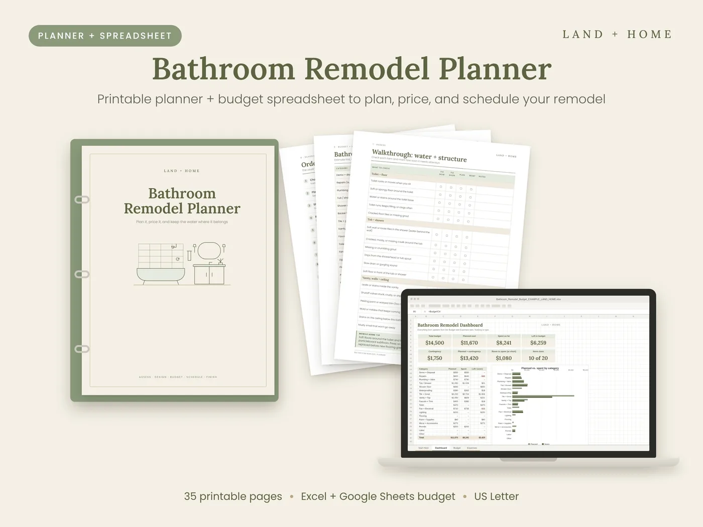 The Bathroom Remodel Planner binder with pages and a laptop showing the budget dashboard