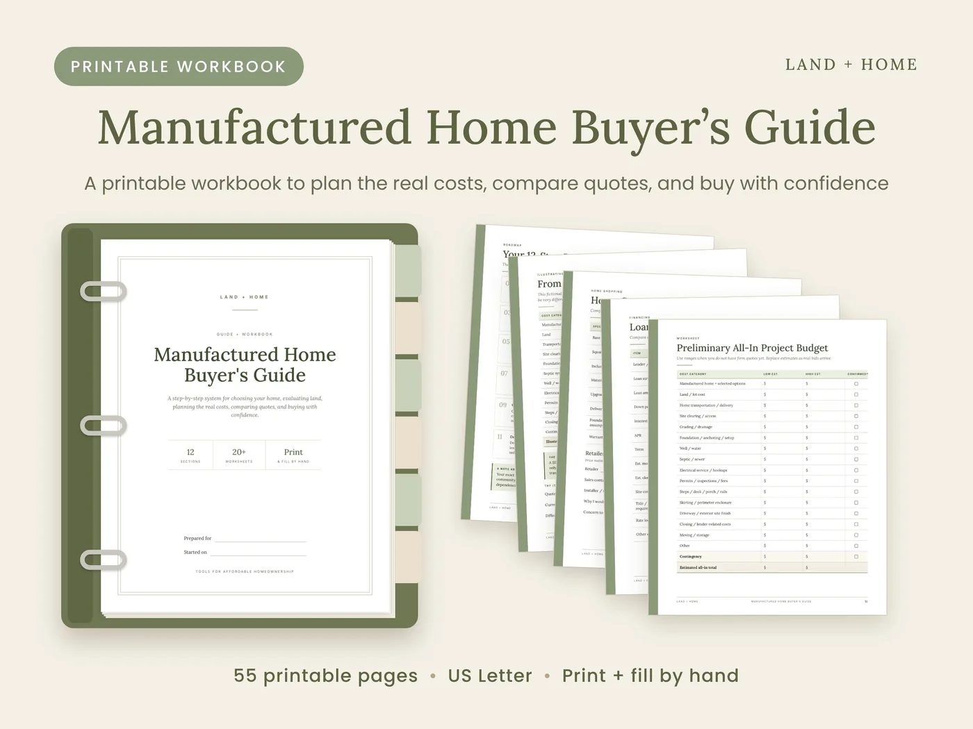 The Manufactured Home Buyer's Guide in a binder with worksheet pages fanned out