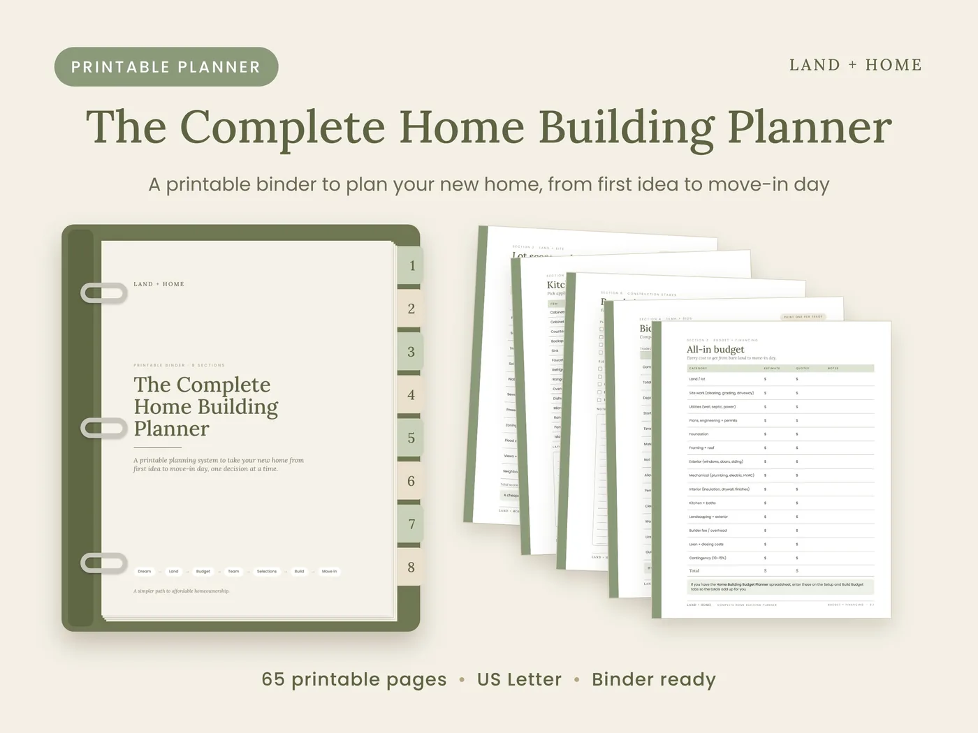 The Complete Home Building Planner in a tabbed binder with pages fanned out