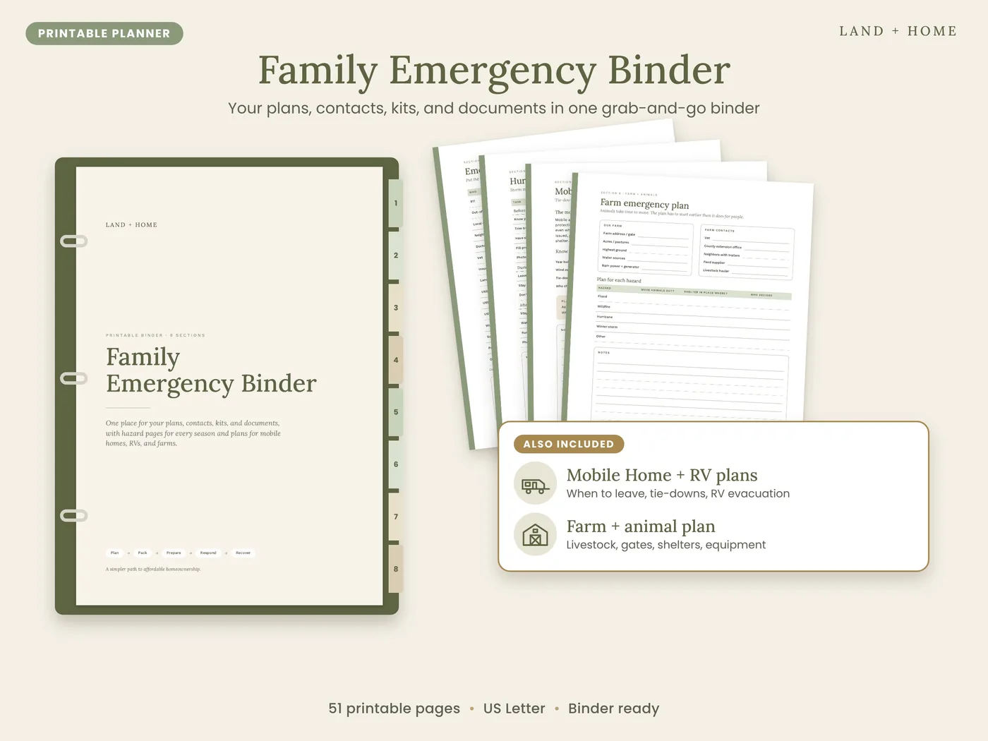 The Family Emergency Binder cover in a green binder, with mobile home, RV, and farm plans also included
