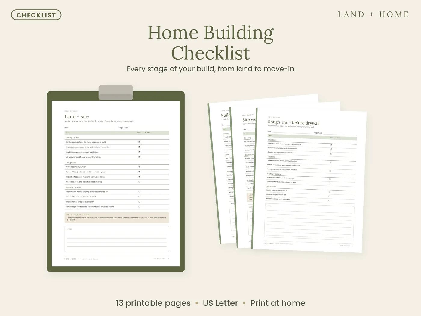 The Home Building Checklist on a clipboard with stage pages fanned out