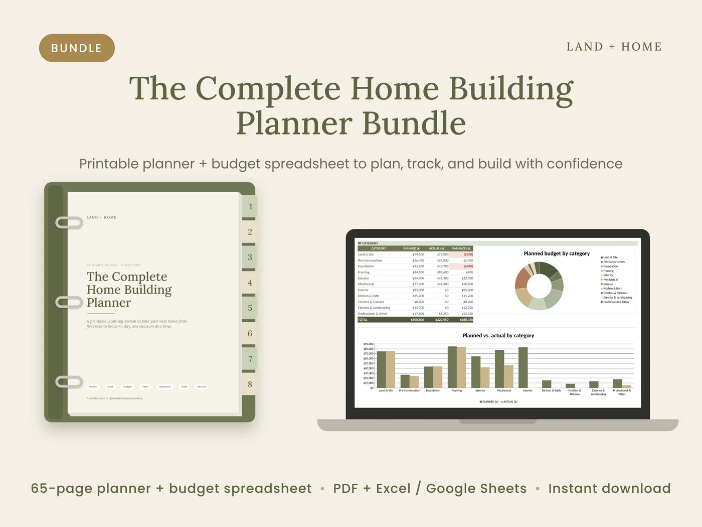 The Complete Home Building Planner binder next to a laptop showing the budget dashboard