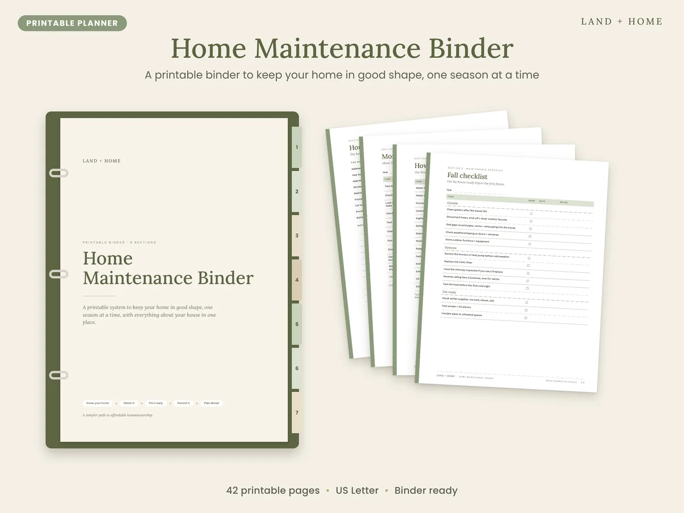 The Home Maintenance Binder cover in a green binder next to a stack of printed pages