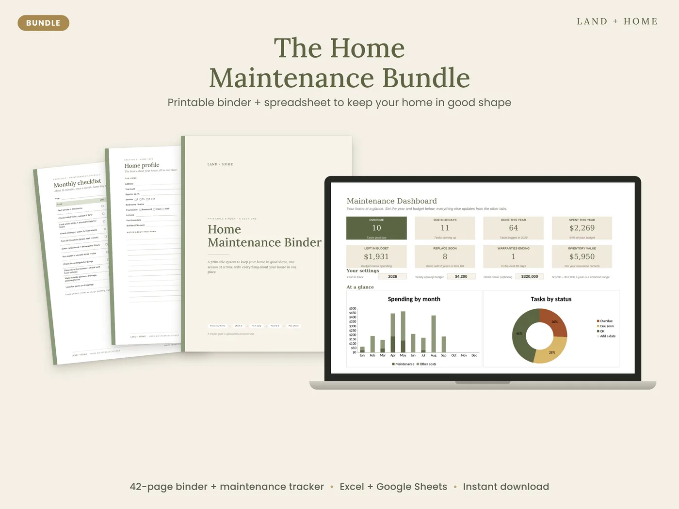 The Home Maintenance Binder pages next to the tracker dashboard on a laptop