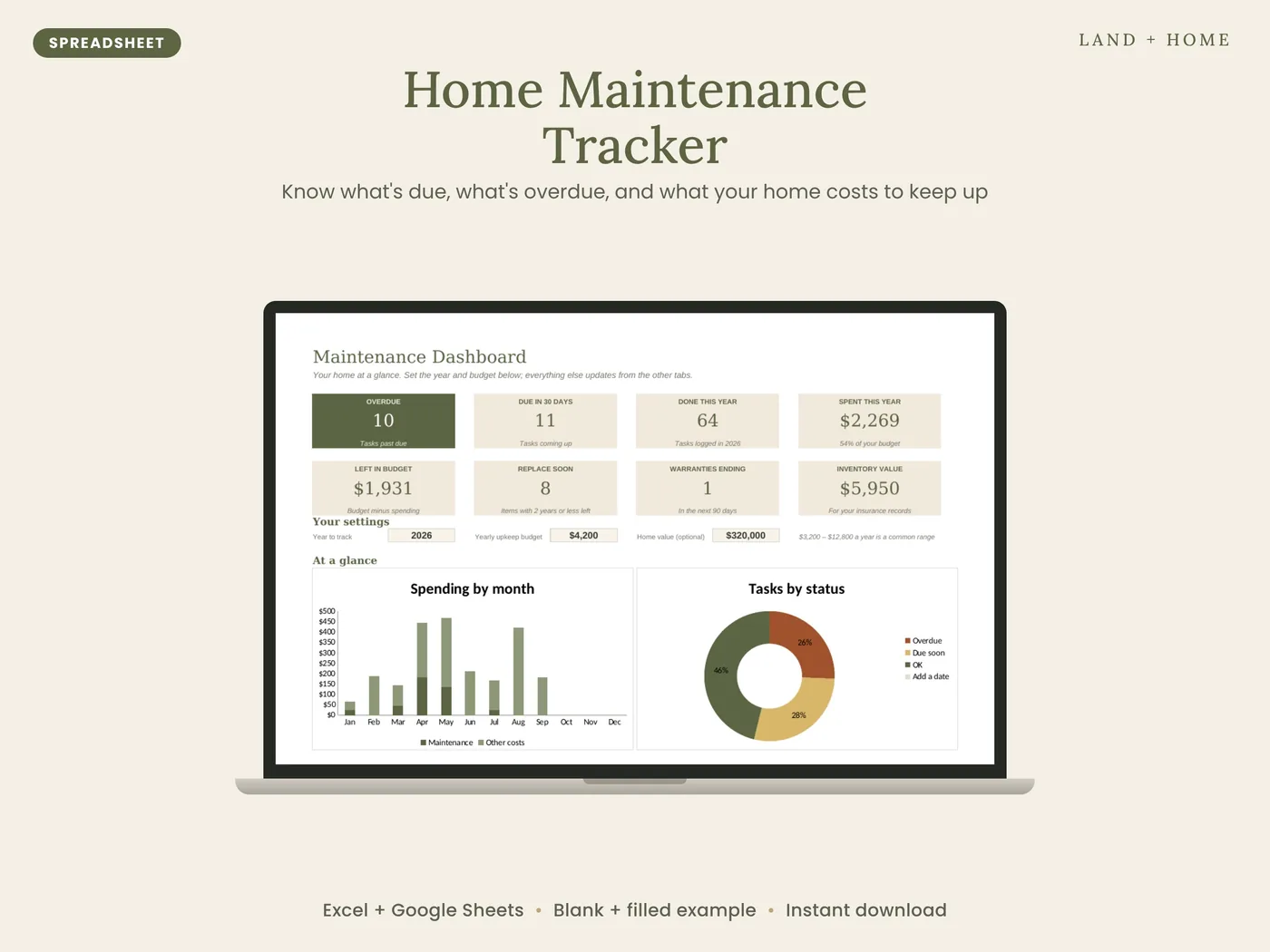 The Home Maintenance Tracker dashboard shown on a laptop
