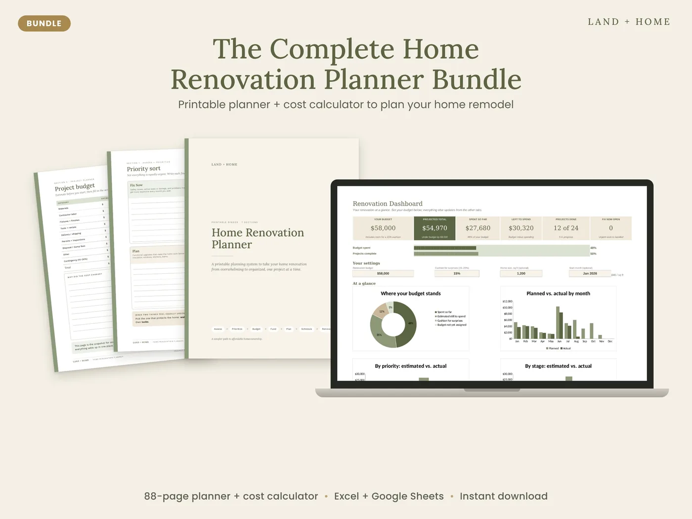 The Home Renovation Planner pages next to the cost calculator dashboard on a laptop