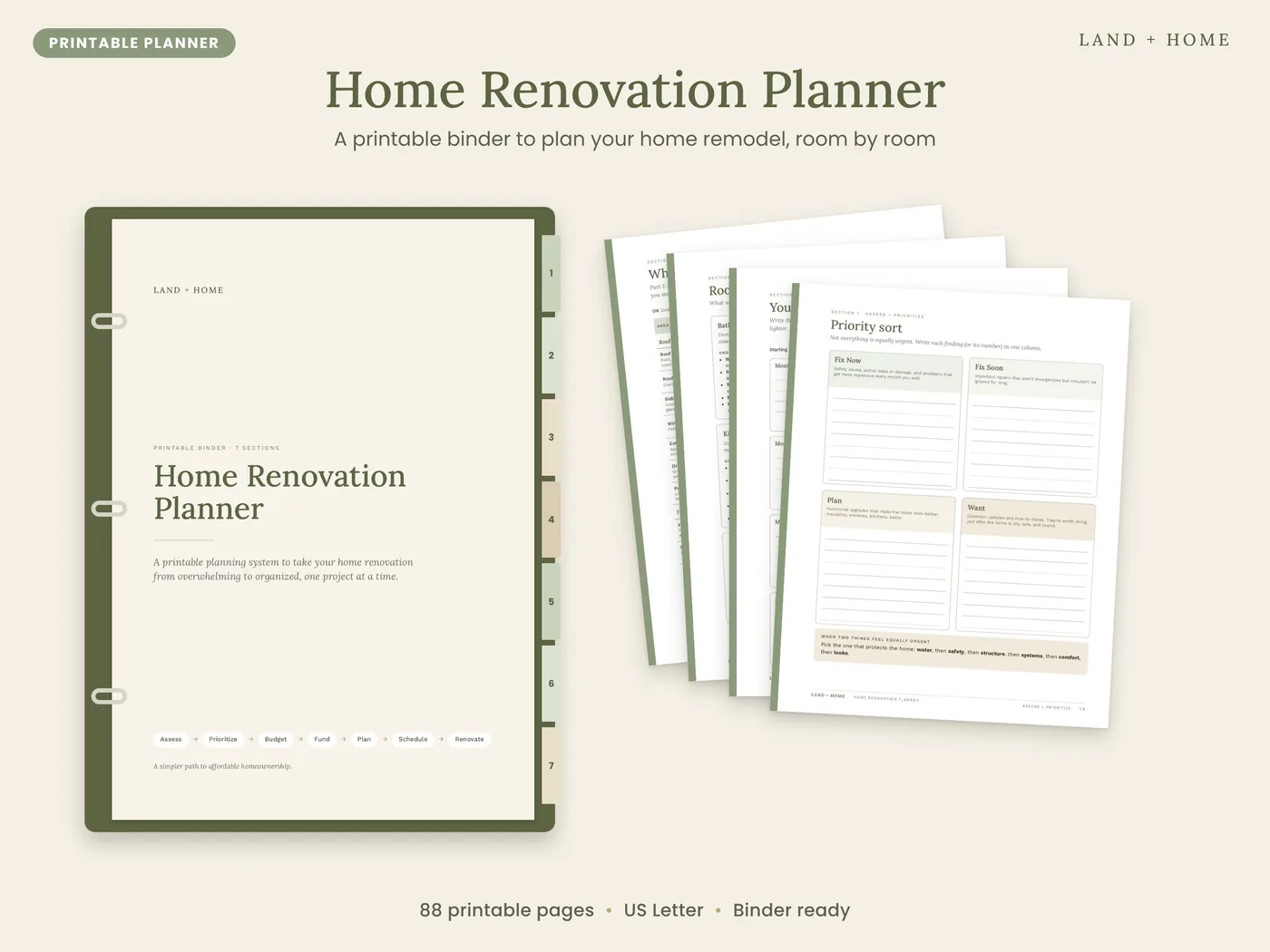 The Home Renovation Planner binder with a stack of printed pages