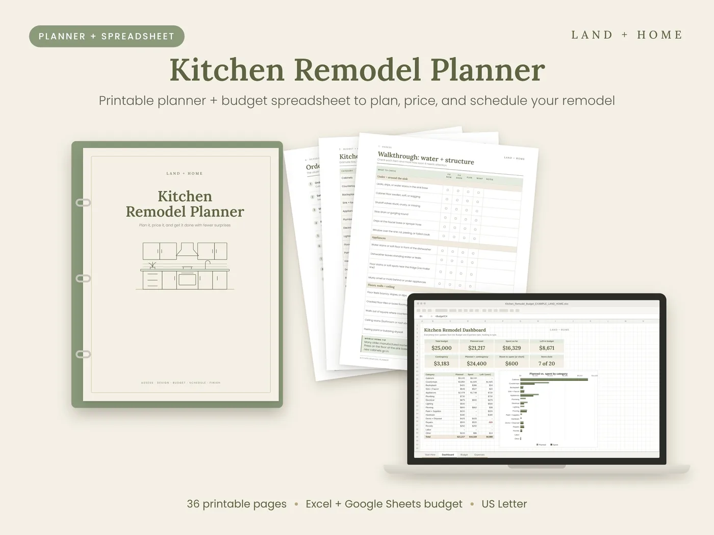 The Kitchen Remodel Planner binder with pages and a laptop showing the budget dashboard
