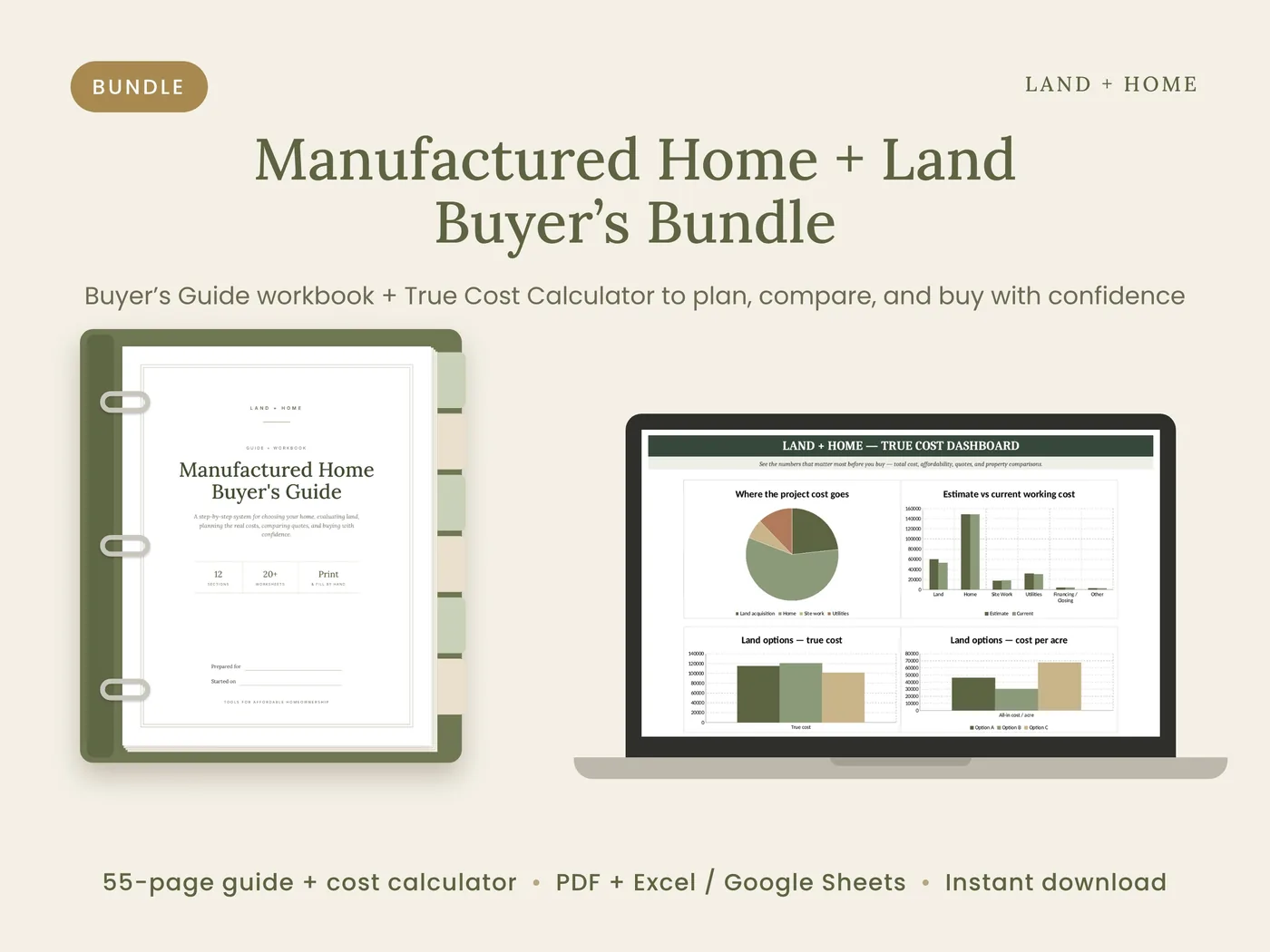 The Buyer's Guide binder next to a laptop showing the True Cost Calculator dashboard