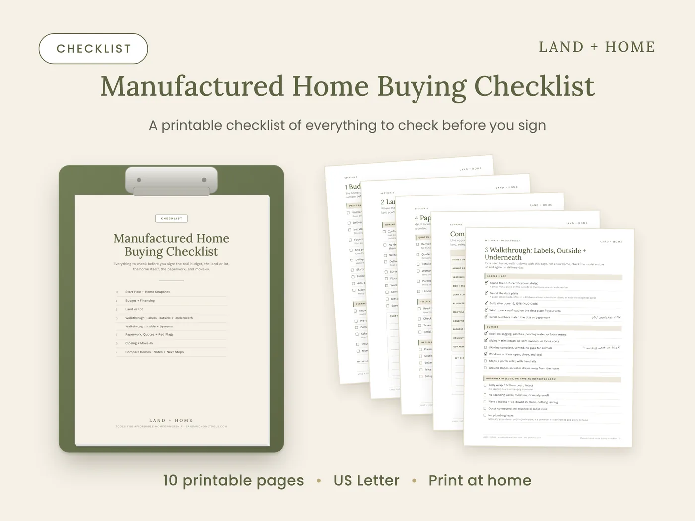 The Manufactured Home Buying Checklist on a clipboard with checklist pages fanned out