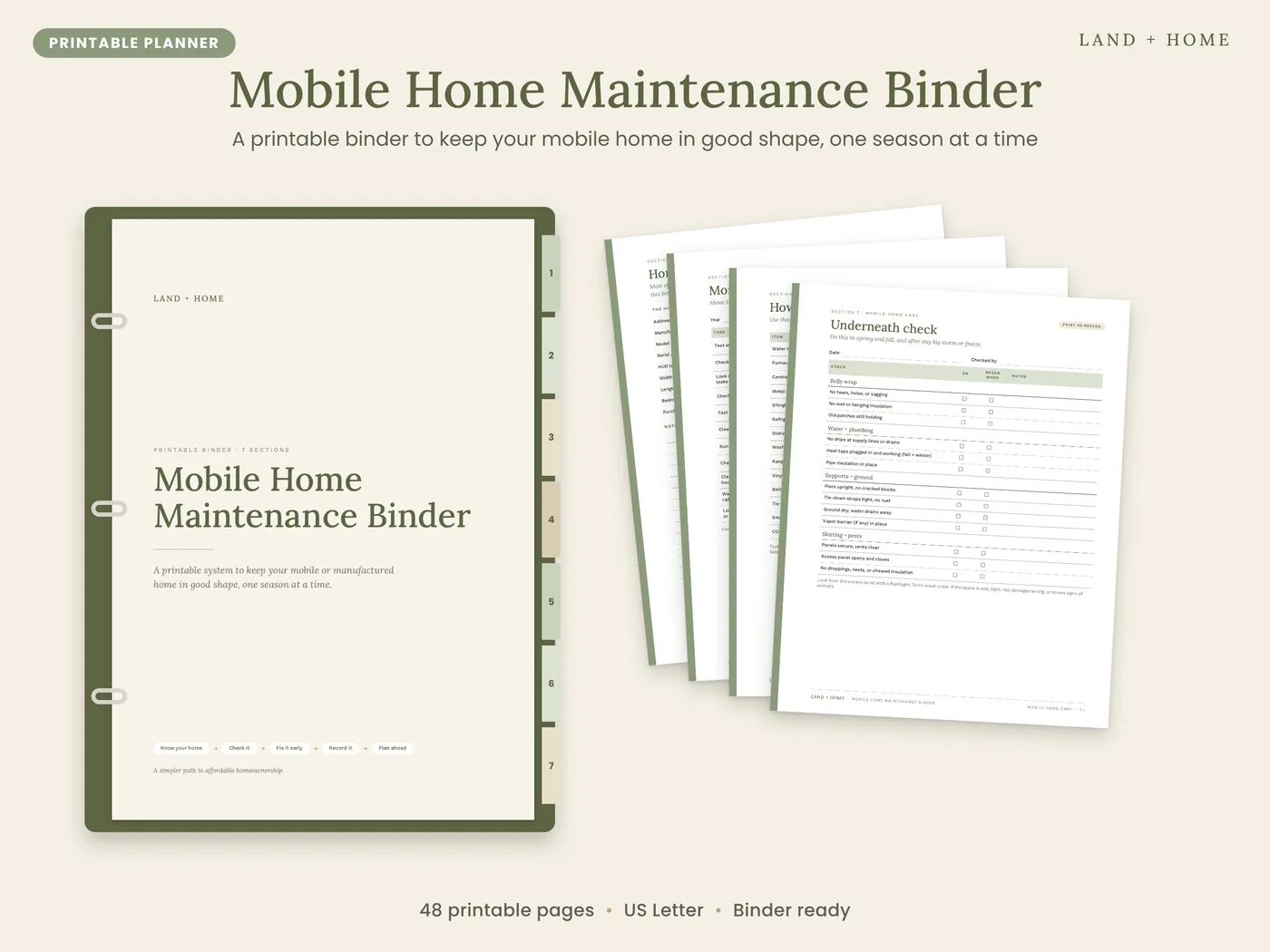 The Mobile Home Maintenance Binder cover in a green binder next to a stack of printed pages