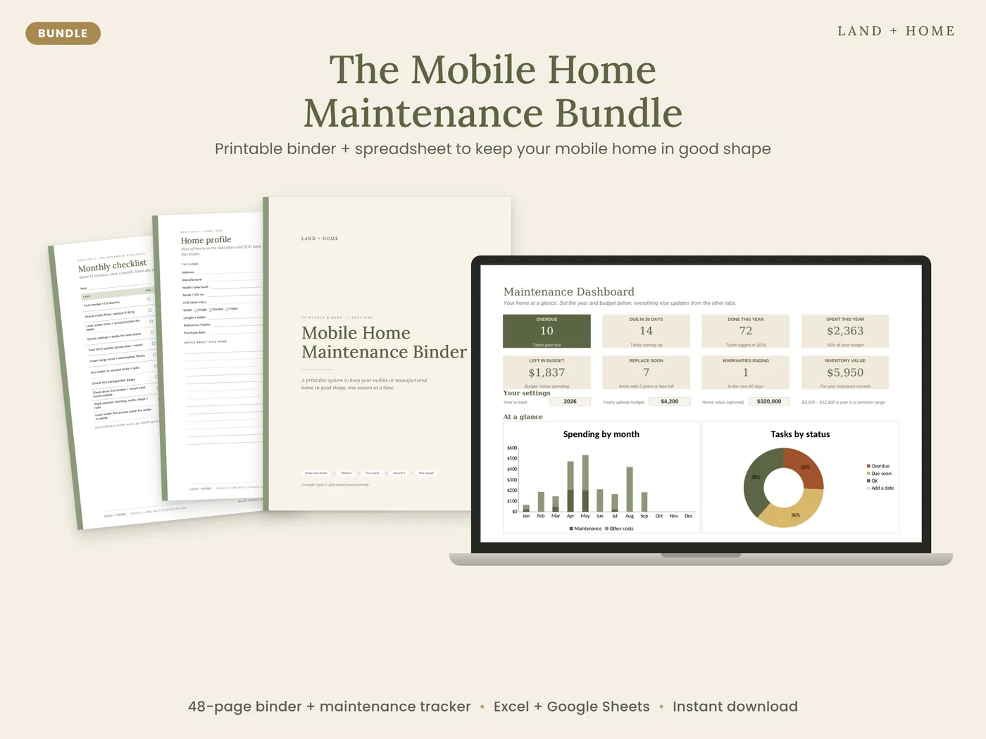 The Mobile Home Maintenance Binder pages next to the tracker dashboard on a laptop