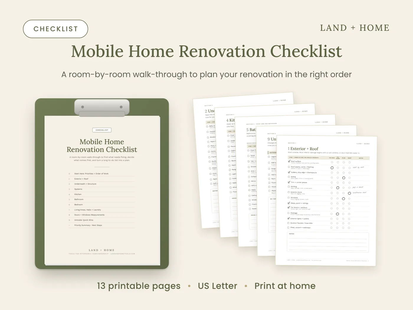 The Mobile Home Renovation Checklist on a clipboard with printed pages