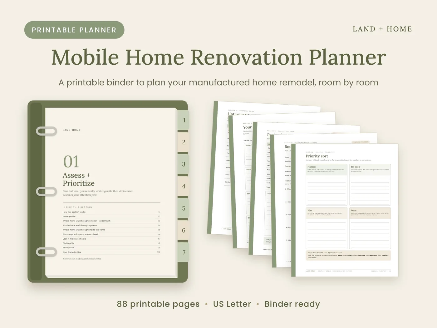 The Mobile Home Renovation Planner binder with a stack of printed pages