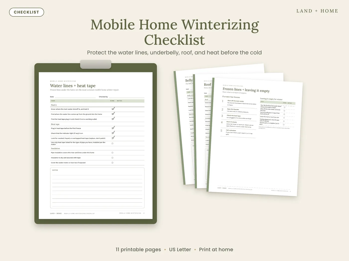 The Mobile Home Winterizing Checklist on a clipboard with printed pages
