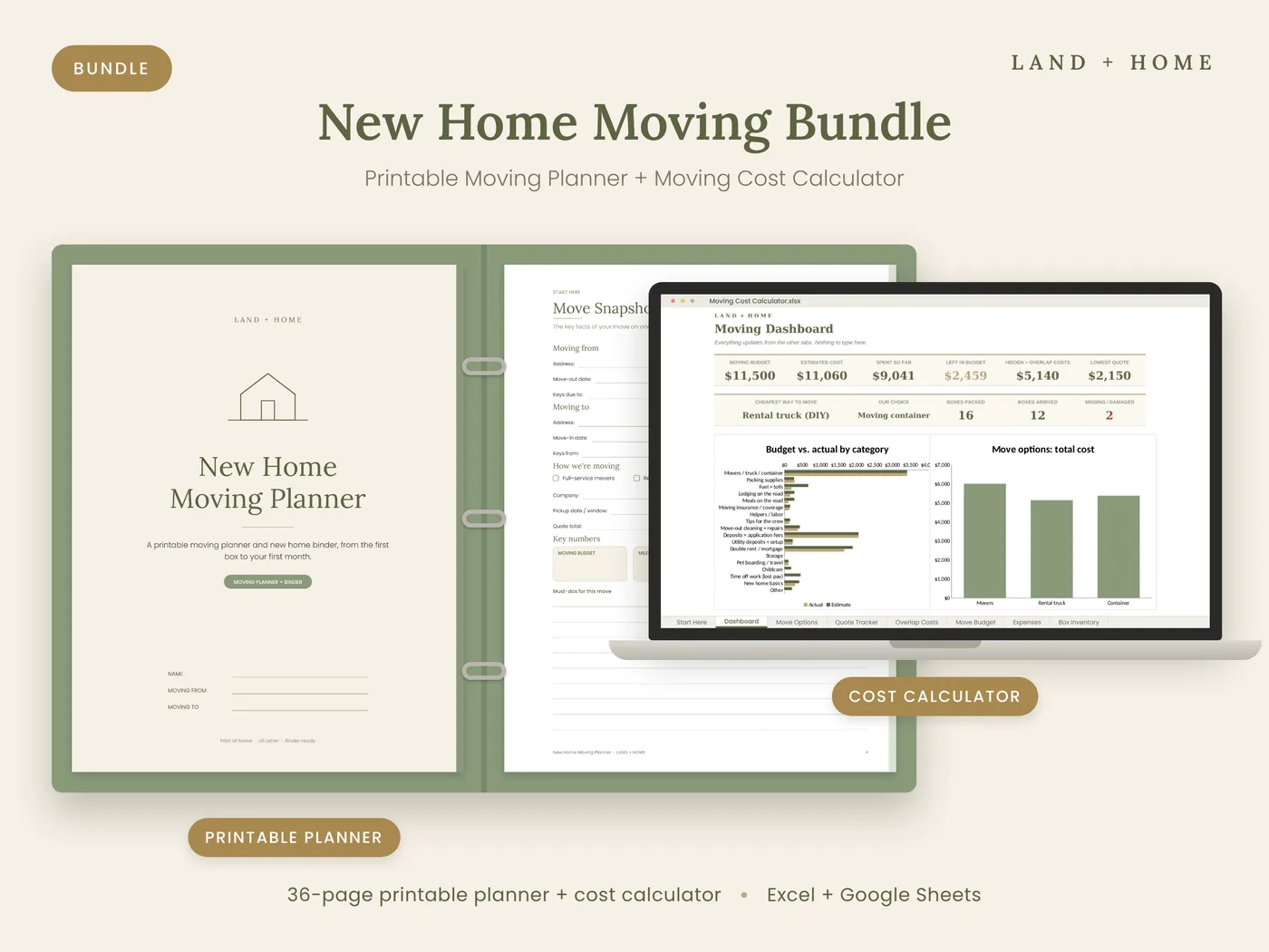 The New Home Moving Planner open beside a laptop showing the Moving Dashboard
