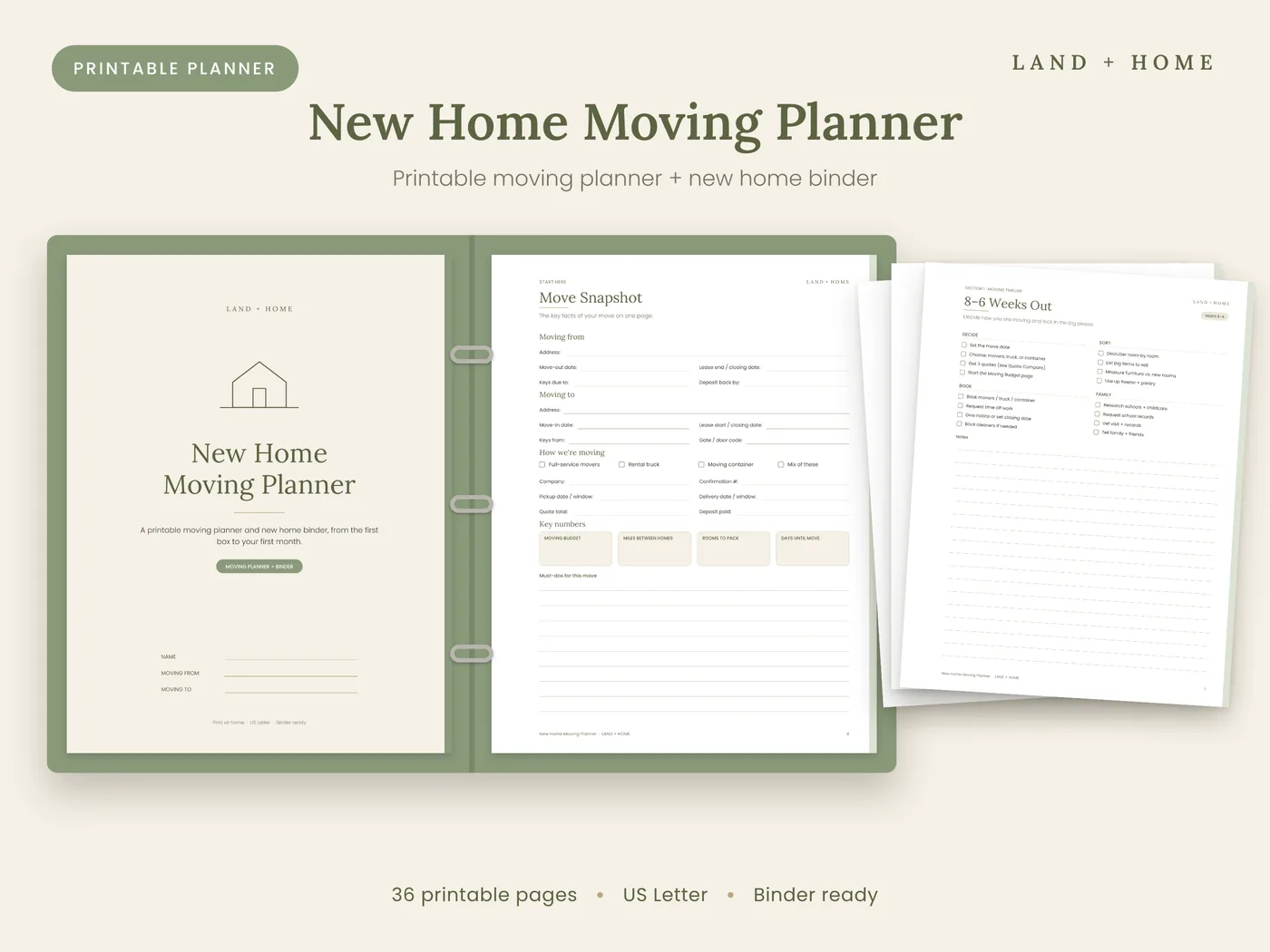 The New Home Moving Planner open to the Move Snapshot page, with more printed pages beside it