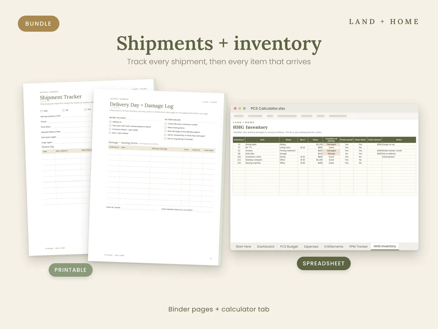 Binder shipment pages next to the spreadsheet's HHG Inventory tab