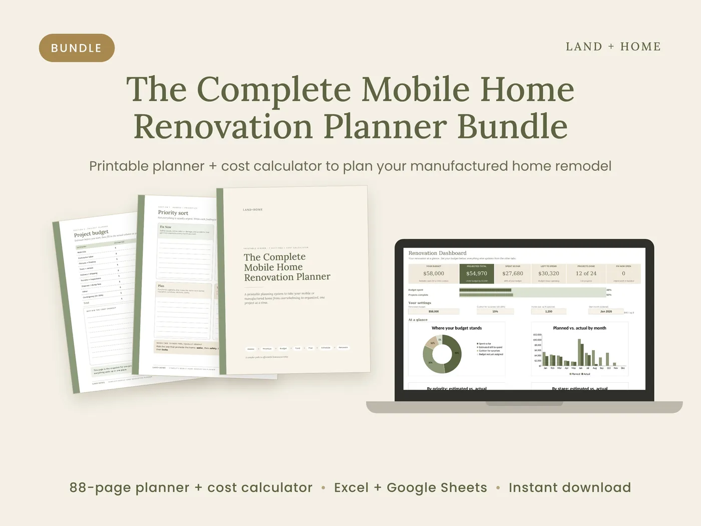The Complete Mobile Home Renovation Planner pages next to the cost calculator dashboard on a laptop