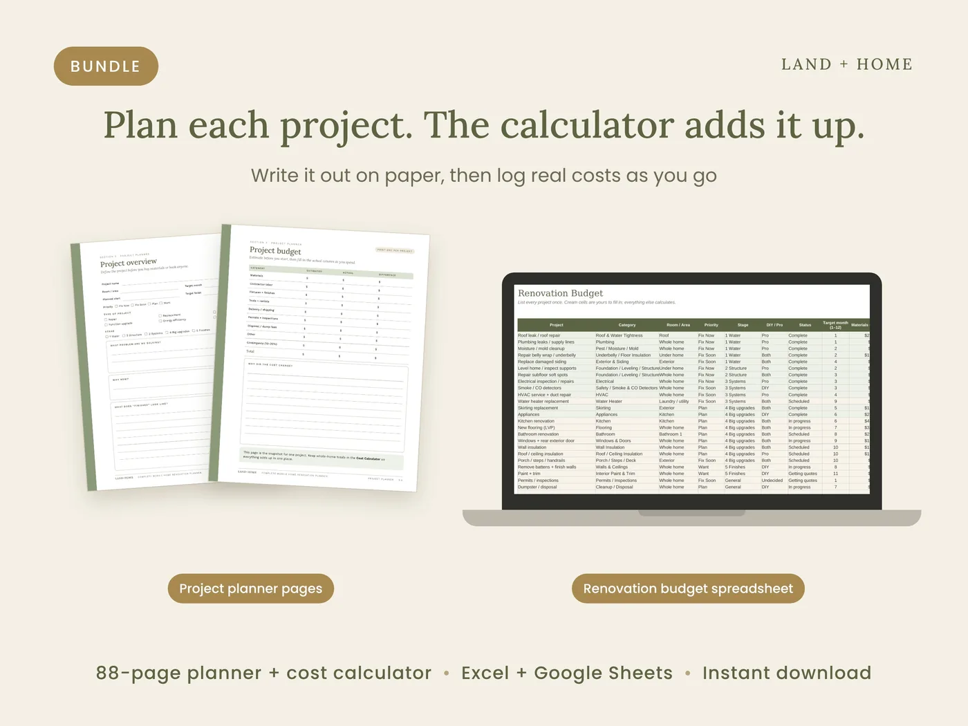 Project planner pages next to the Renovation Budget spreadsheet