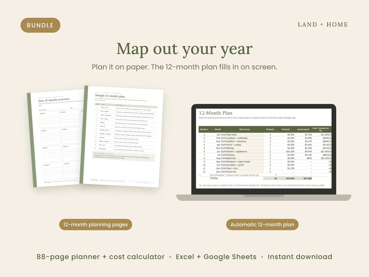 12-month planning pages next to the automatic 12-month plan in the spreadsheet