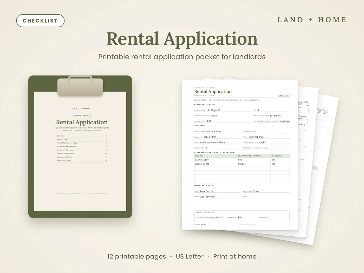 The Rental Application cover on a clipboard next to a filled-in application page