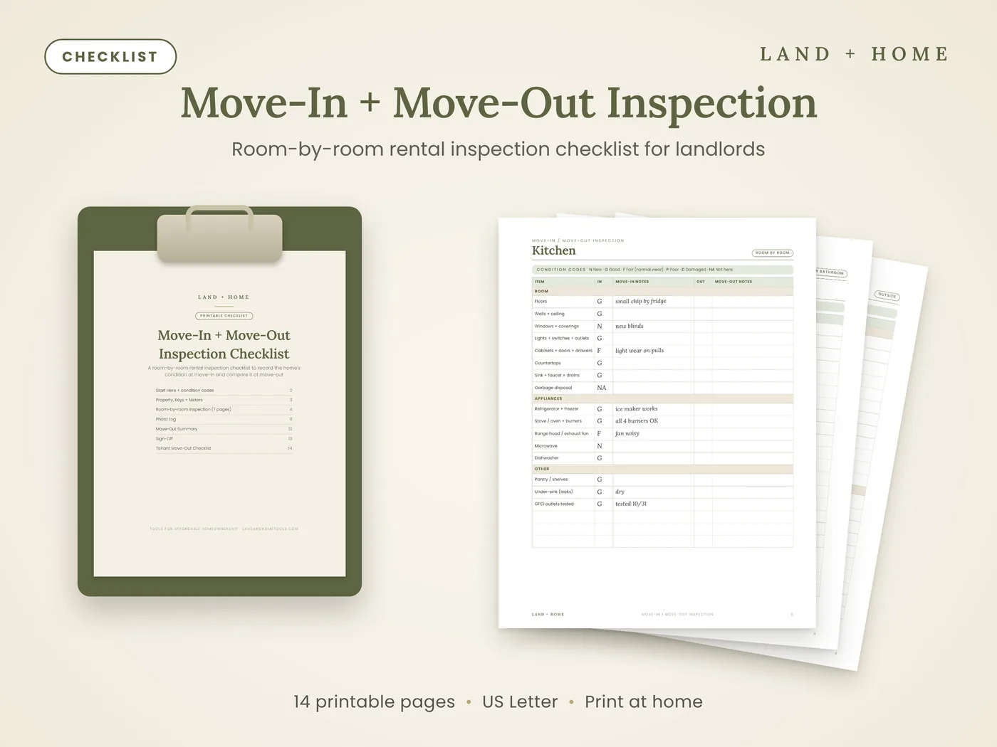 The Move-In and Move-Out Inspection Checklist cover on a clipboard next to a filled-in kitchen page