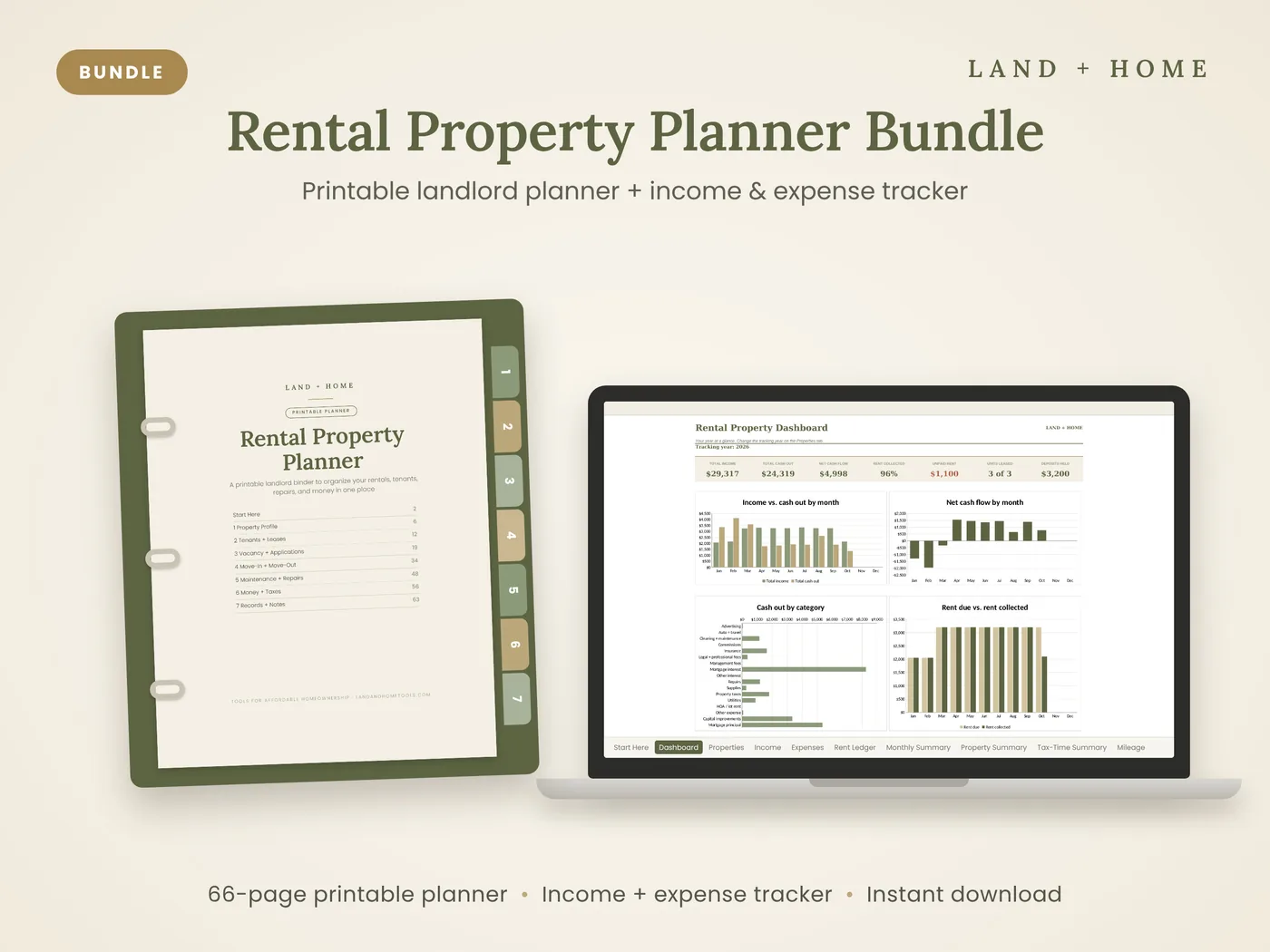The Rental Property Planner binder next to the Rental Property Tracker dashboard on a laptop