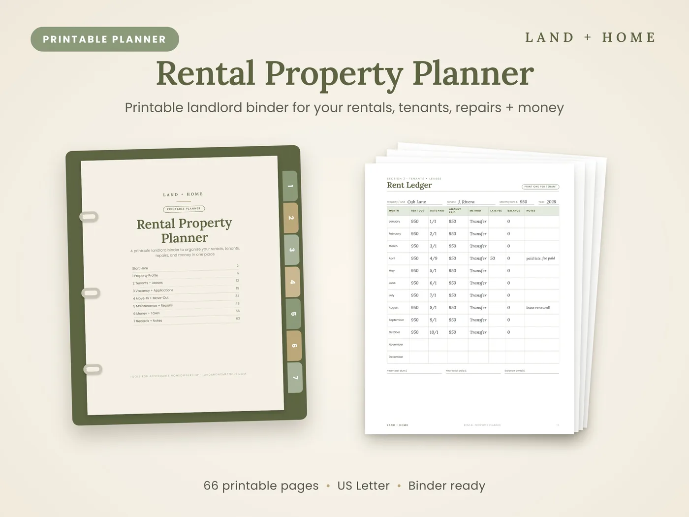 The Rental Property Planner binder with tabbed sections next to a rent ledger page