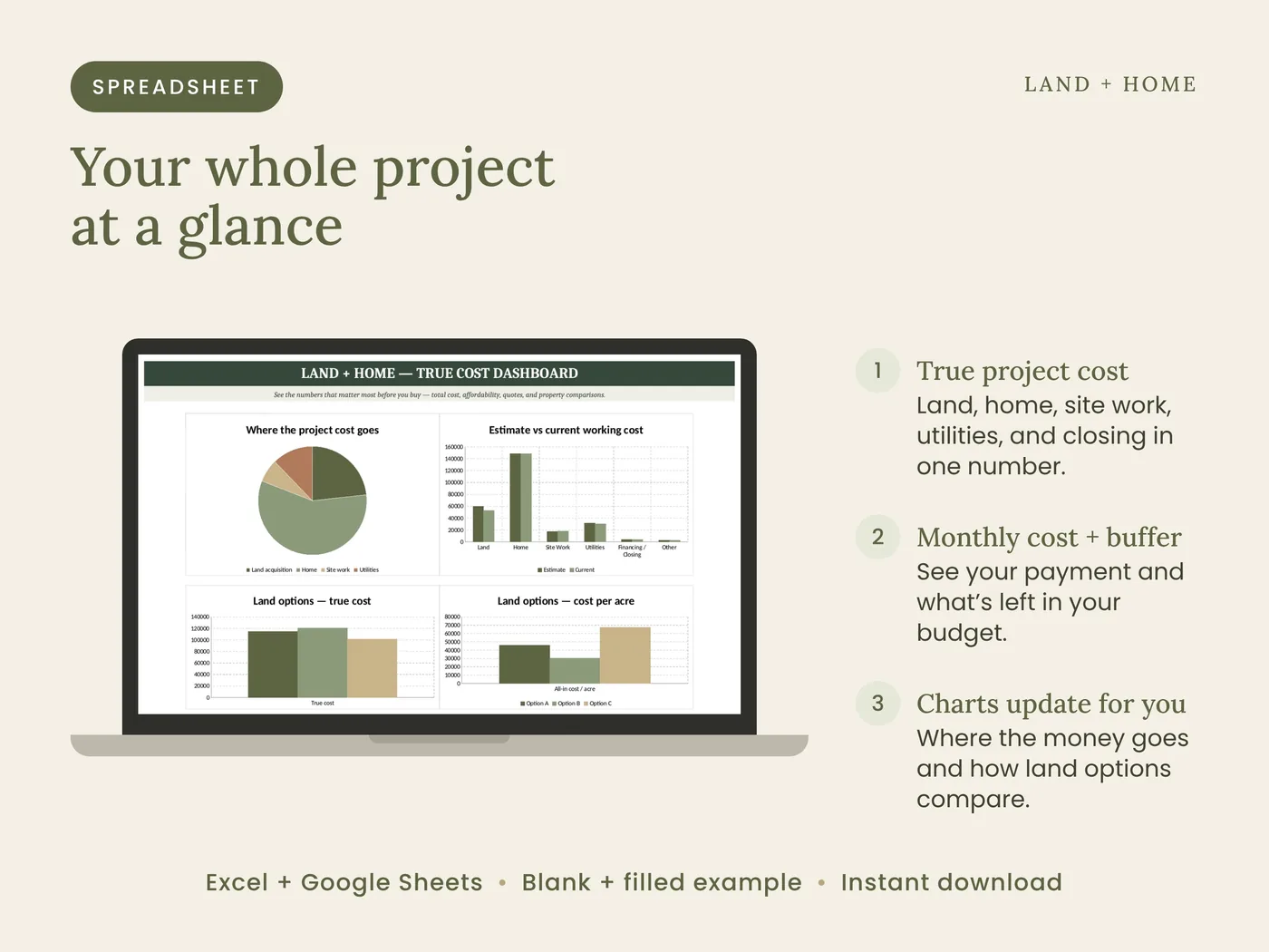The dashboard shows true project cost, monthly cost, and budget buffer at a glance