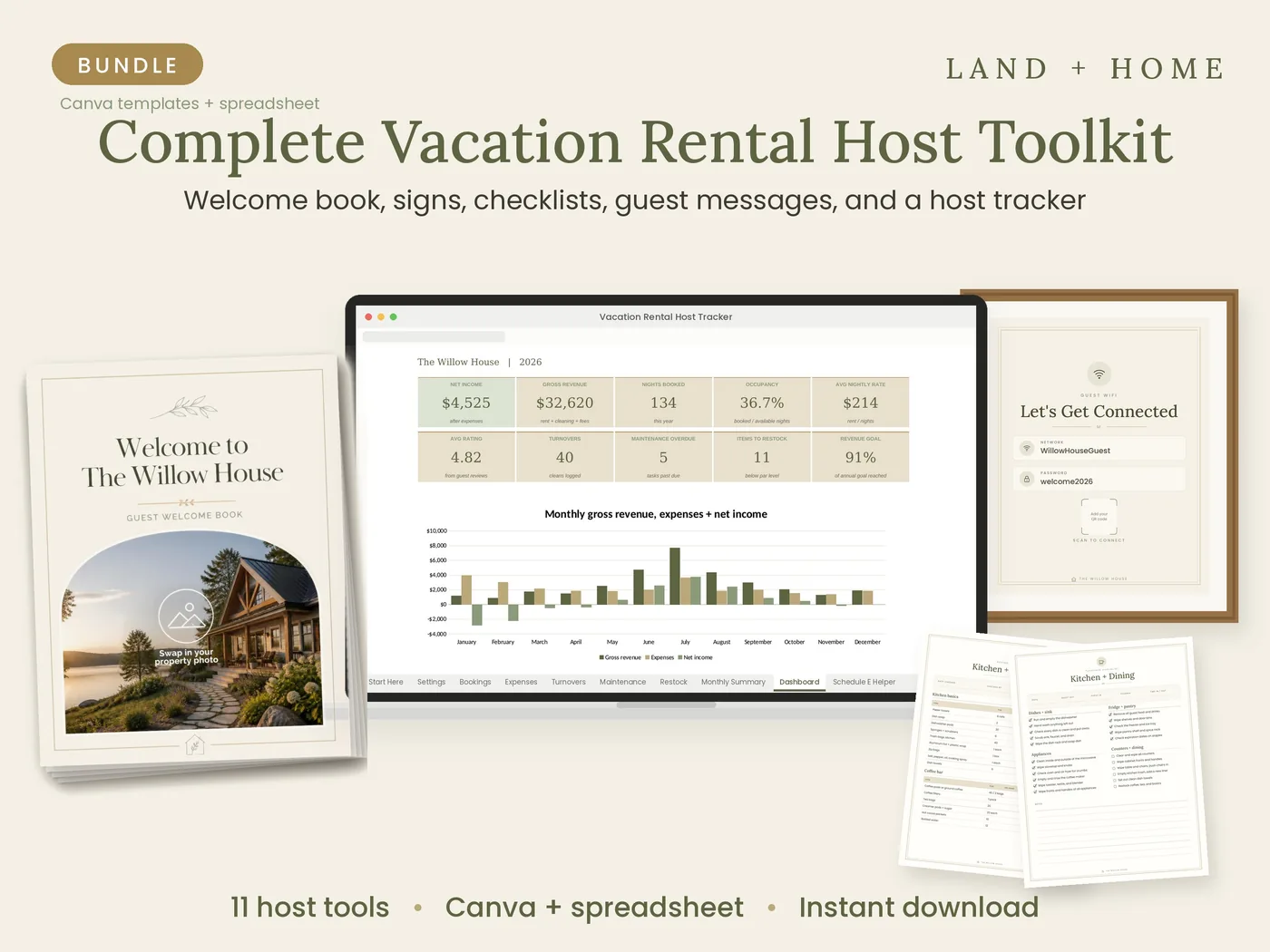 A guest welcome book, a WiFi sign, checklists, and the host tracker dashboard on a laptop