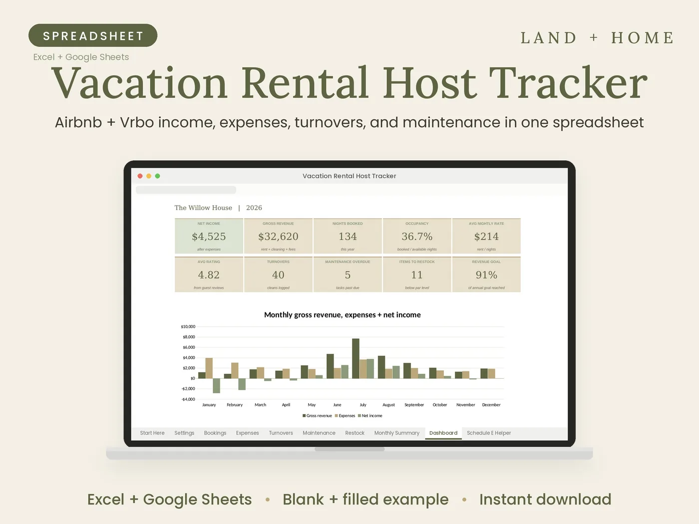 The Vacation Rental Host Tracker dashboard shown on a laptop