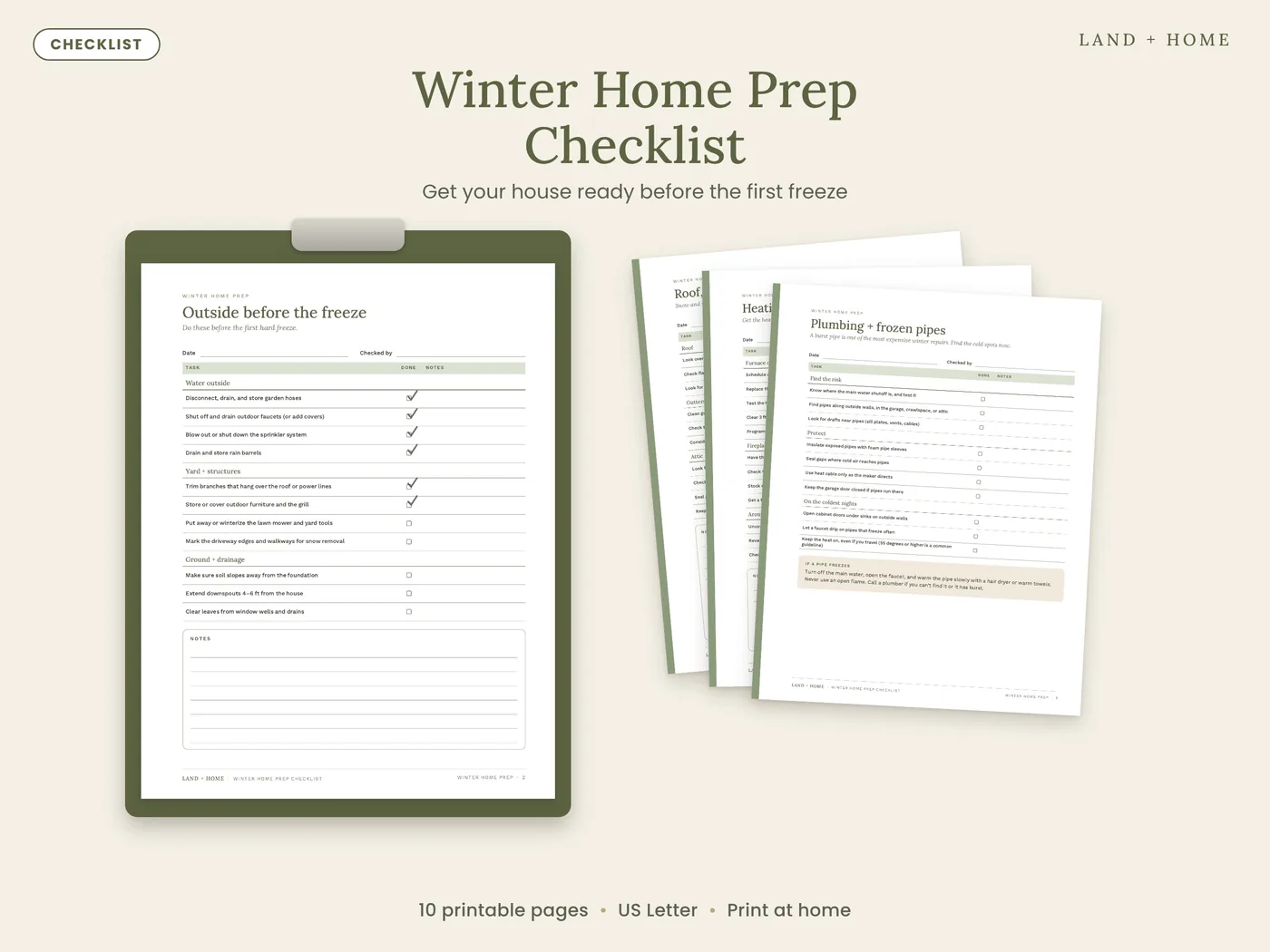 The Winter Home Prep Checklist on a clipboard next to fanned printed pages