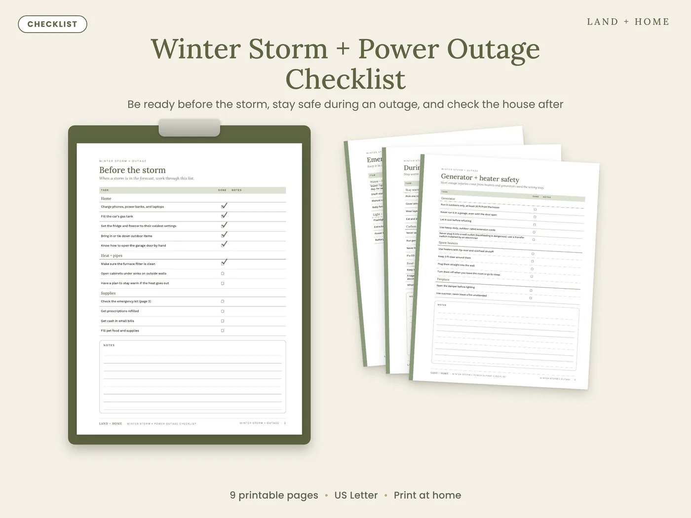 The Winter Storm + Power Outage Checklist on a clipboard next to fanned printed pages